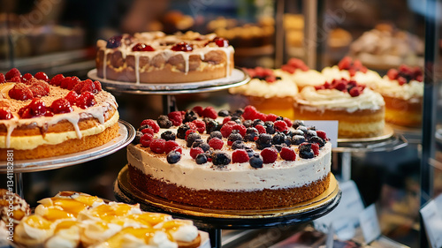 Delicious cakes displayed in pastry shop showcase