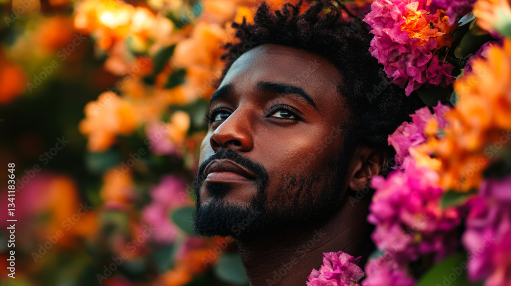Young man surrounded by vibrant flowers in a colorful garden during golden hour
