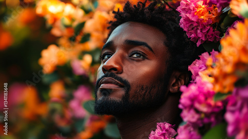 Obraz na płótnie Young man surrounded by vibrant flowers in a colorful garden during golden hour w salonie