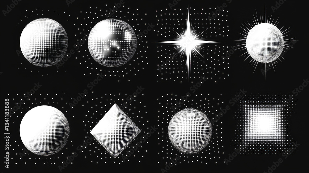 Geometric shapes and reflective surfaces display modern abstract design in black background