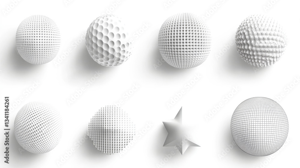 Creative white spheres with various textures and patterns arranged on a light background