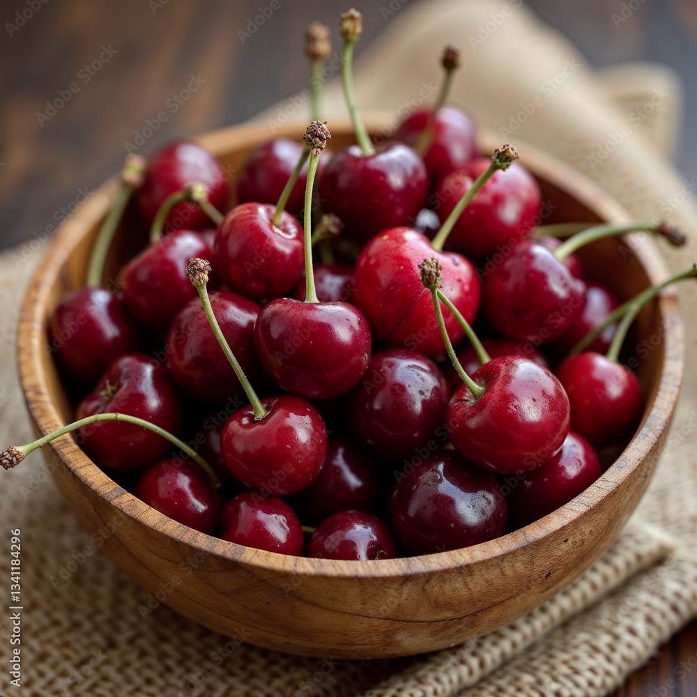 Wooden bowl filled with fresh, ripe cherries with green stems, placed on a light fabric backdrop, showcasing natural freshness, with copy space. Wooden bowl filled with fresh, ripe cherries with green stems, placed on a light fabric backdrop, showcasing natural freshness, with copy space.