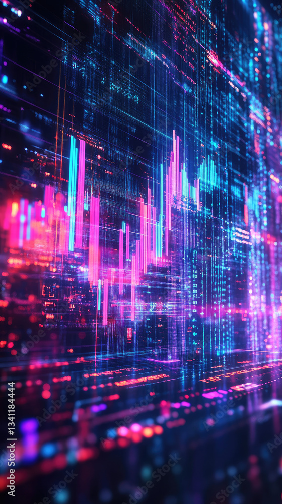 Fototapeta premium c. A vibrant holographic display of stock market data, including rising trends, numerical analytics, and futuristic design elements.