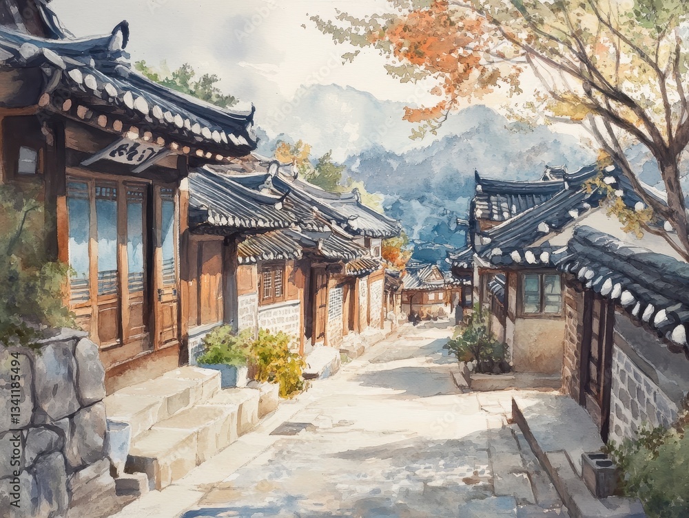 Korean traditional houses along a cobblestone street are beautiful