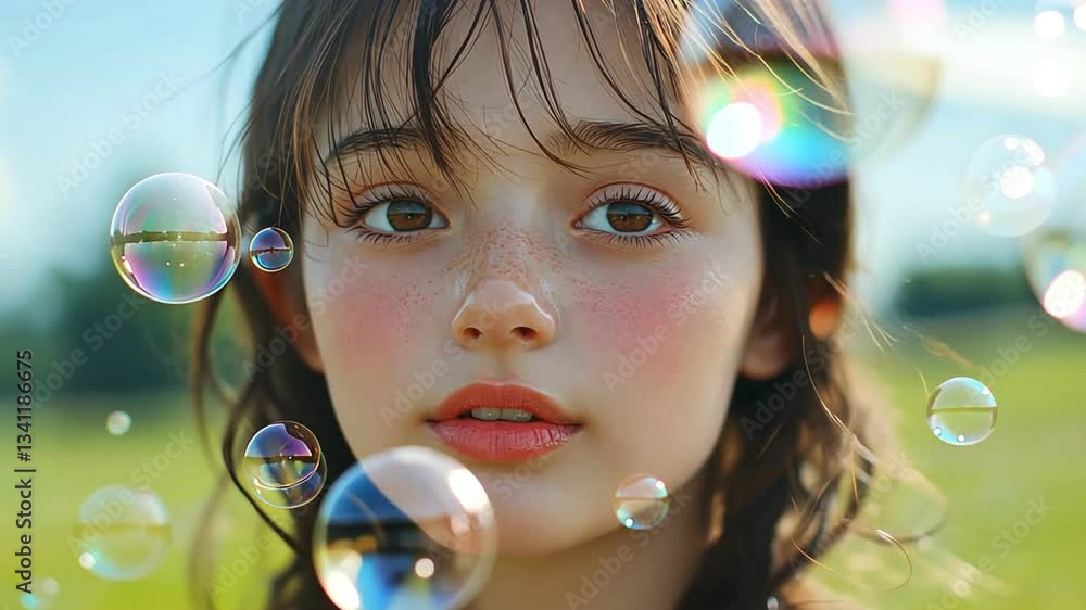 Young girl with freckles and sparkling eyes enjoys natures beauty, surrounded by colorful bubbles warm sunlight, radiating Young girl with freckles and sparkling eyes enjoys natures beauty, surrounded by colorful bubbles warm sunlight, radiating