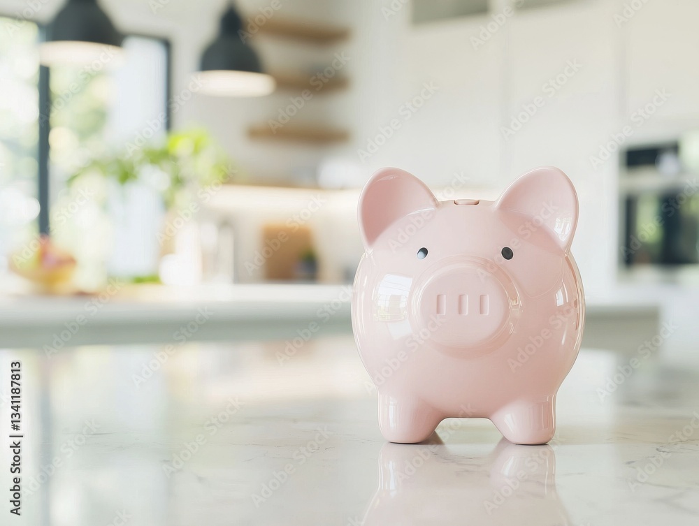 Stock features a pink piggy bank positioned on a wooden table Stock features a pink piggy bank positioned on a wooden table