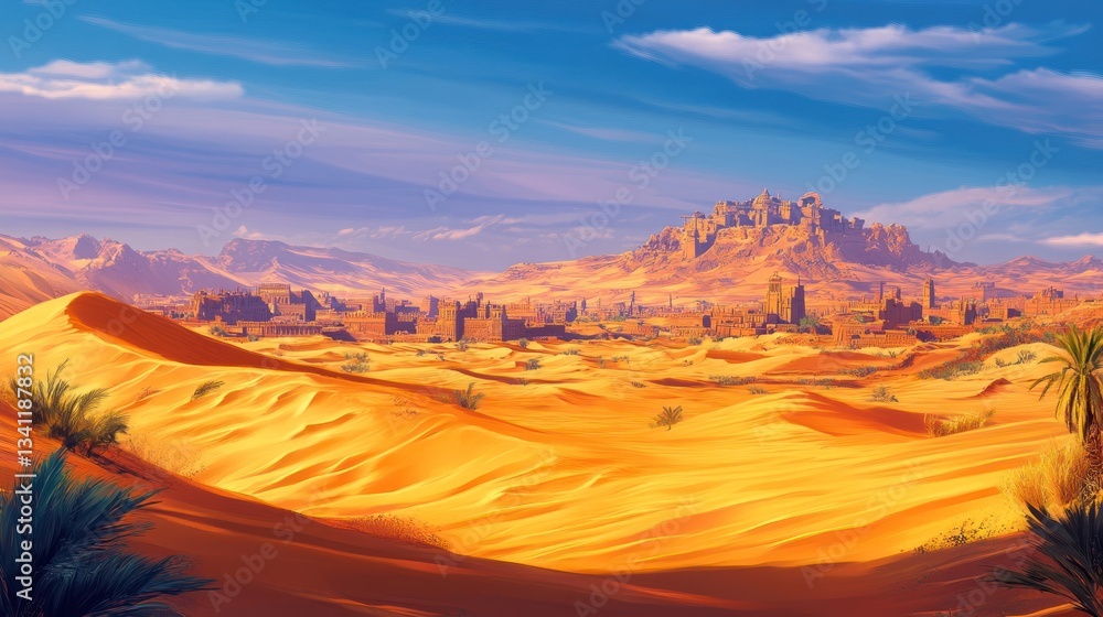 Fototapeta premium Magnificent Sahara Desert Panorama with Ancient City and Rolling Sand Dunes