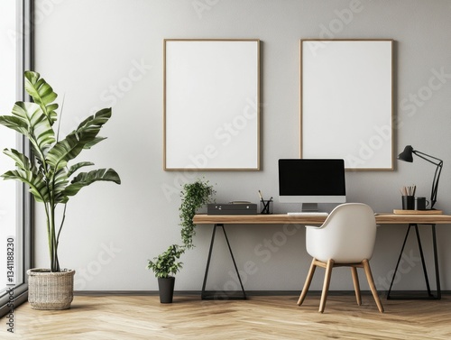 A white desk with a computer and a chair. There are two empty picture frames on the wall