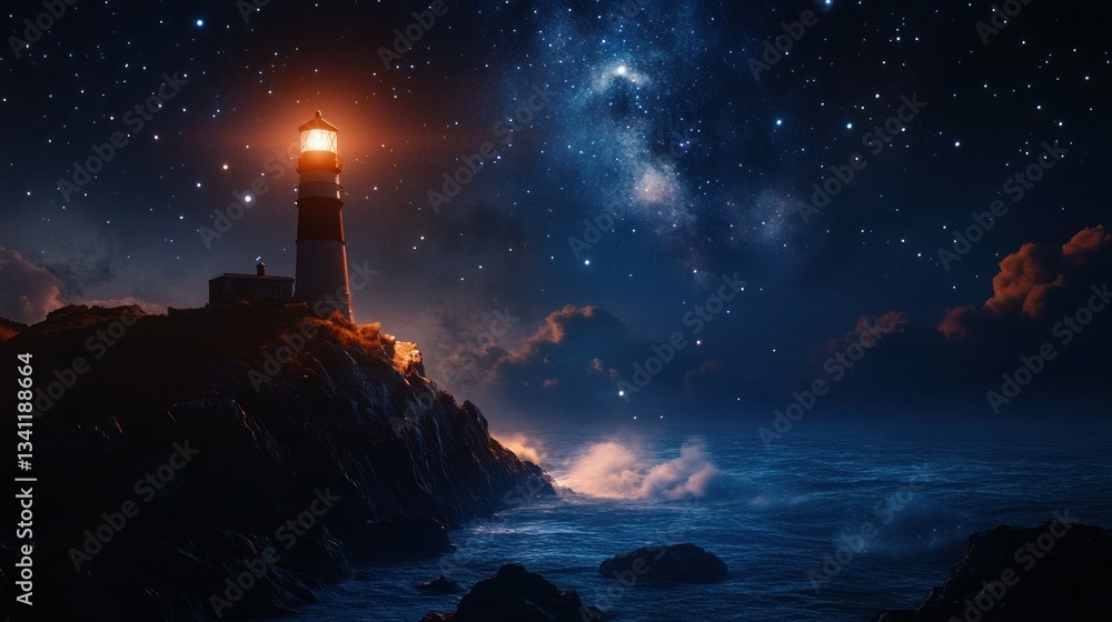 Starry Night Lighthouse Guiding Waves Starry Night Lighthouse Guiding Waves