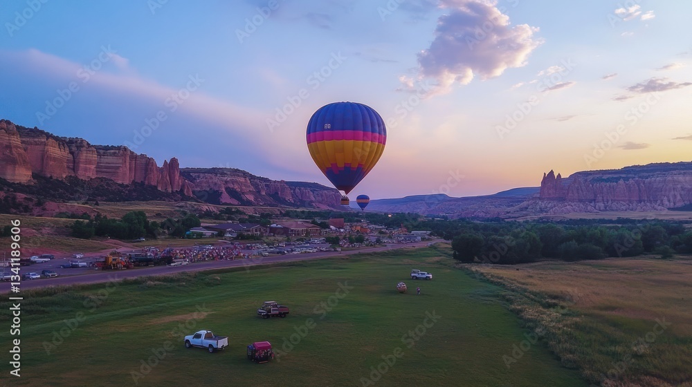 Obraz premium Spectacular hot air balloon fiesta over idyllic valley under twilight sky
