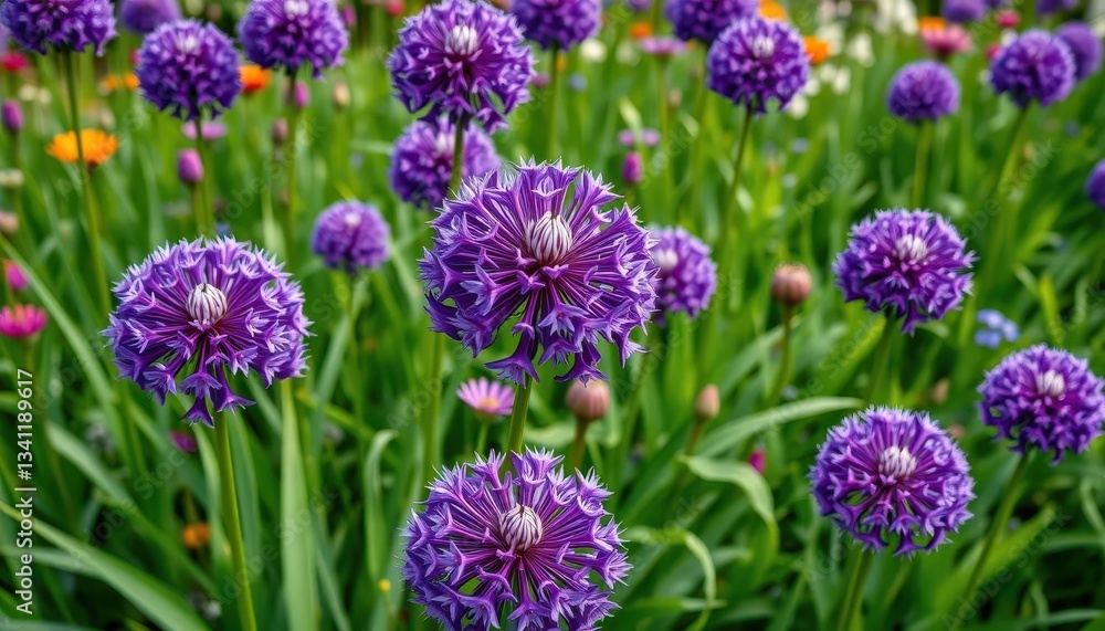 Fototapeta premium Giant purple allium flowers dominate a vibrant green garden bed, stems, stock