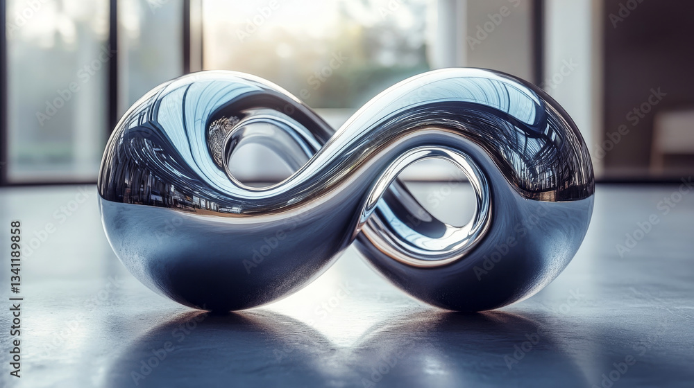 Modern metallic sculpture of infinity symbol reflecting light in contemporary gallery space