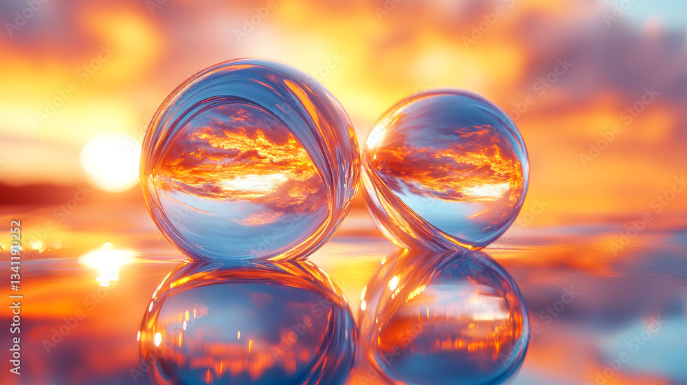 Stunning sunset reflections captured in glass orbs at coastal location