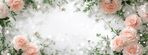 Elegant Floral Background with Peach Carnations & Pink Roses – Soft Pastel Digital Art with Greenery on a White Backdrop, Blurred Edges & Sophisticated Aesthetic