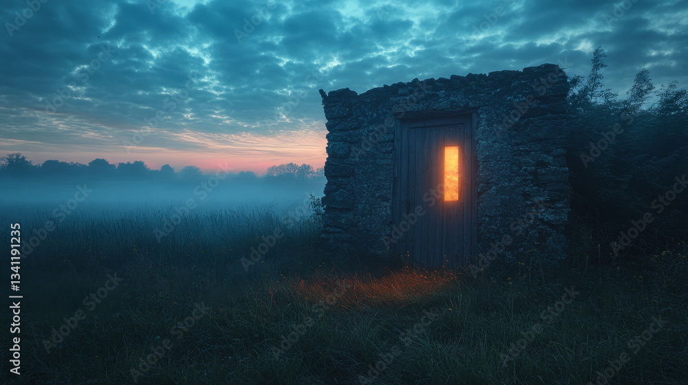 Mysterious stone structure with glowing window in foggy field at dawn