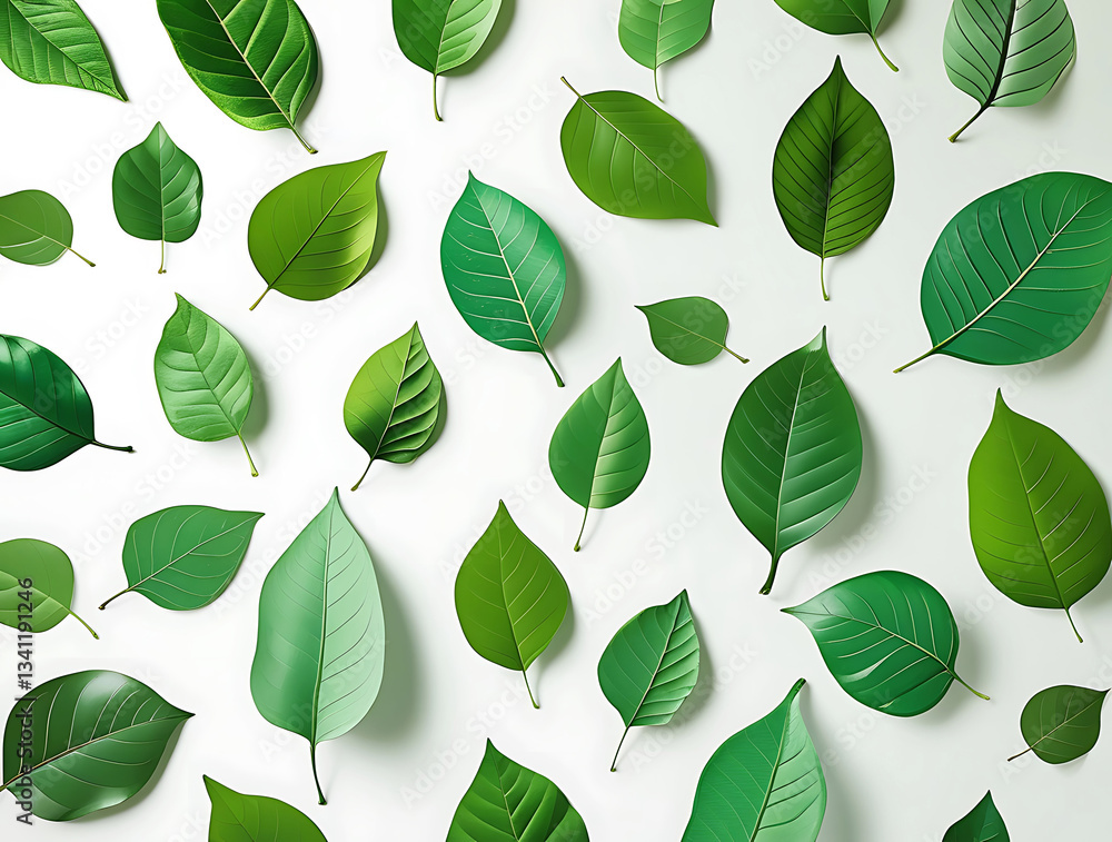 An arrangement of fresh, green foliage in diverse forms and sizes, spread casually over a white surface, An arrangement of fresh, green foliage in diverse forms and sizes, spread casually over a white surface,