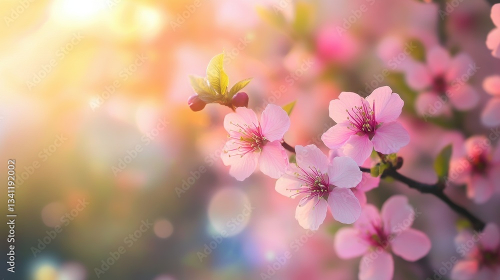 delicate pink cherry blossoms in full bloom, bathed in warm sunlight with a dreamy, softly blurred background delicate pink cherry blossoms in full bloom, bathed in warm sunlight with a dreamy, softly blurred background