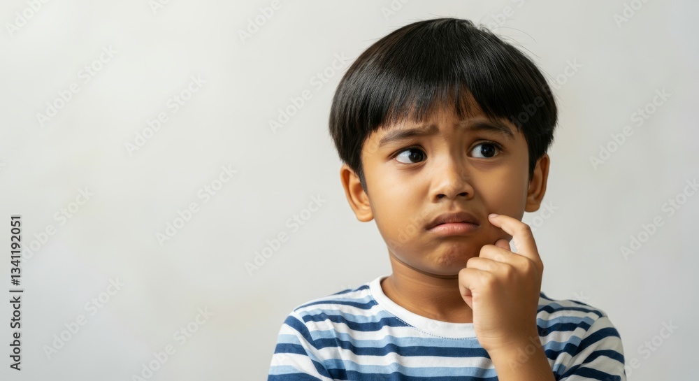 Young asian boy with pensive expression and striped shirt on gray background Young asian boy with pensive expression and striped shirt on gray background