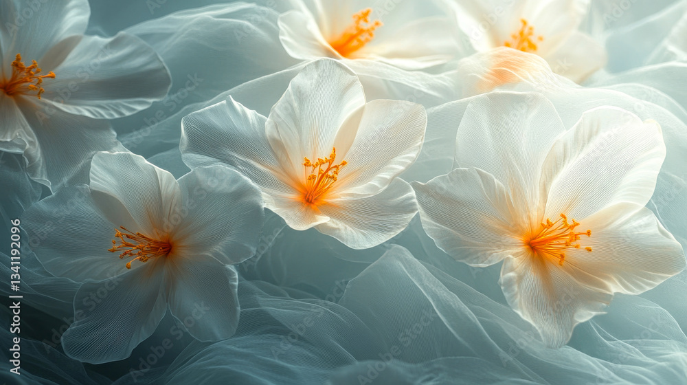Delicate white flowers with orange centers resting on soft fabric in serene arrangement