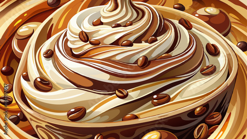 A close-up of a creamy, swirled dessert featuring rich chocolate and vanilla hues, adorned with scattered coffee beans for added texture.