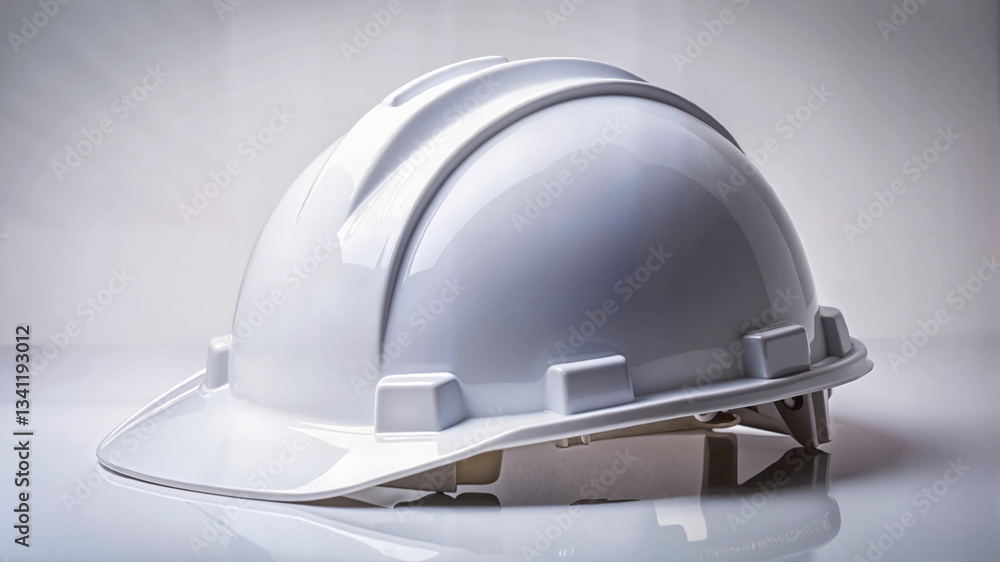 Fototapeta premium White construction helmet on reflective surface