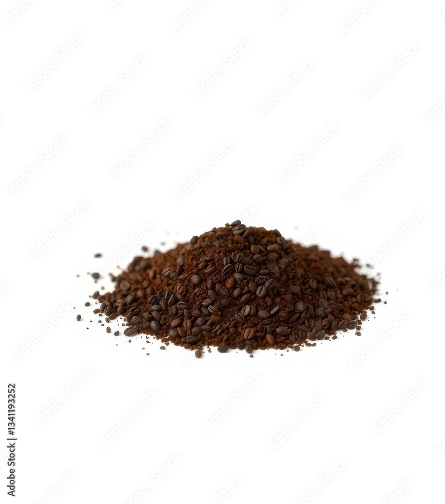 A small mound of dark brown instant coffee granules sits alone against a white background, isolated object, energy A small mound of dark brown instant coffee granules sits alone against a white background, isolated object, energy