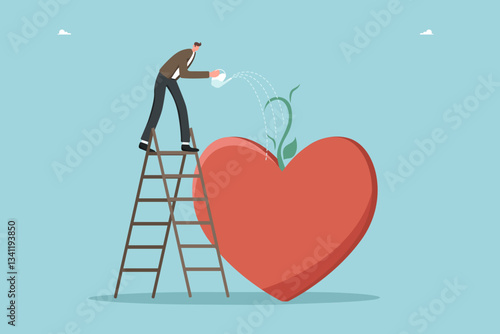 Support concept, help charity campaign for public awareness, mental health, emotional intelligence and ability to understand feelings and emotions, psychological help, man watering sprout on heart.
