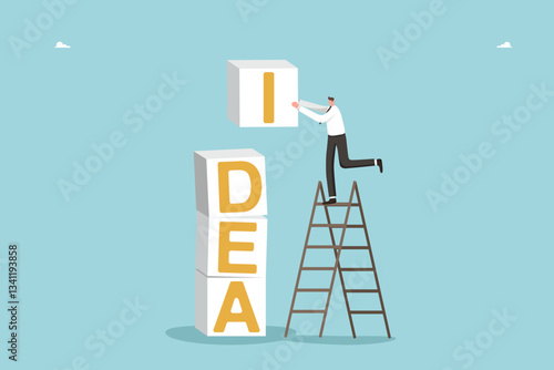 Idea for starting business or creating new product, introducing innovations for career or financial growth, logic or intelligence in business development decision making, man stacking cubes idea.