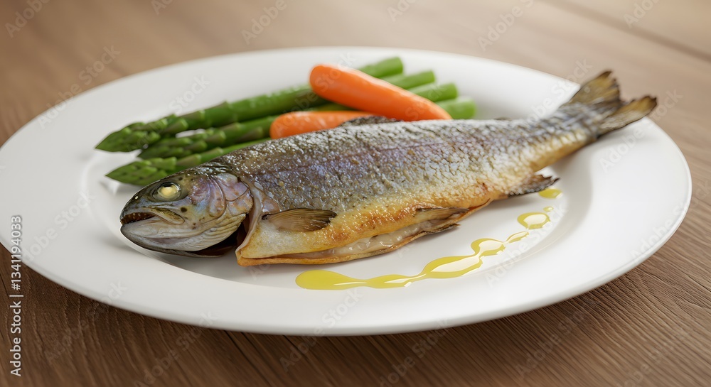 Deliciously Cooked Trout Fish Served with Fresh Asparagus and Carrots on a Plate Deliciously Cooked Trout Fish Served with Fresh Asparagus and Carrots on a Plate