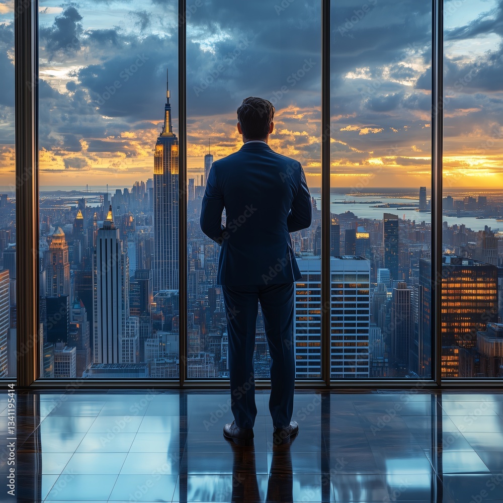 Businessman looking at new york city skyline from office window at sunset for corporate success