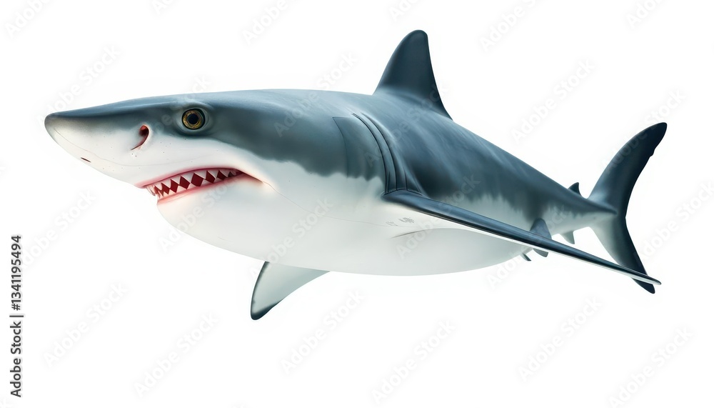 Powerful great white shark isolated on pure white background, marine, white background Powerful great white shark isolated on pure white background, marine, white background