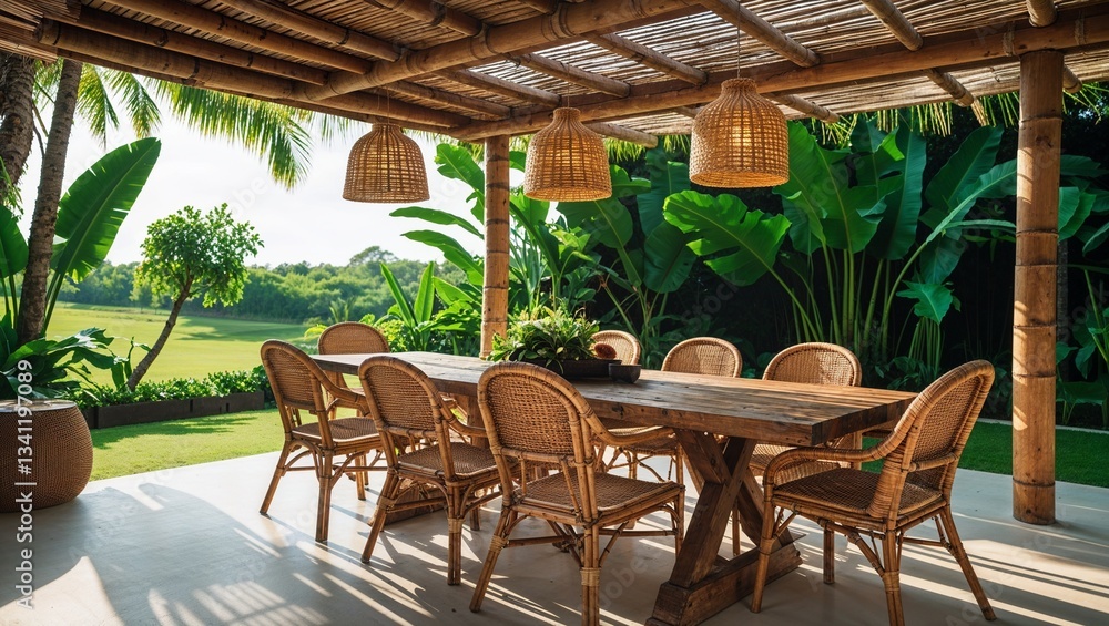 Fototapeta premium A tropical outdoor dining area with a rustic wooden table and eight rattan chairs, set under a shaded pergola made of bamboo and wooden beams.