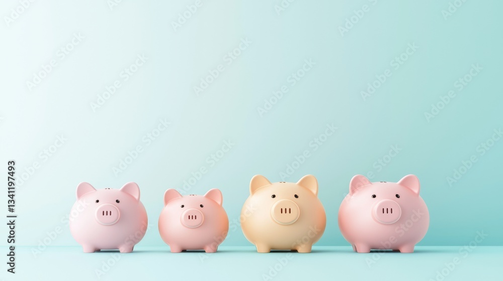 Saving money and financial planning are represented by a collection of piggy banks on a soft pastel periwinkle background Saving money and financial planning are represented by a collection of piggy banks on a soft pastel periwinkle background