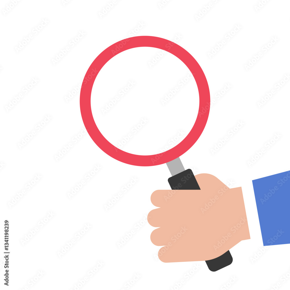 Hand Holding Magnifying Glass with Red Frame and Black Handle Hand Holding Magnifying Glass with Red Frame and Black Handle