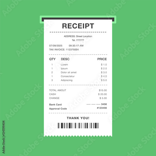 Hanging Shopping Receipt with Transaction Details on Green Background