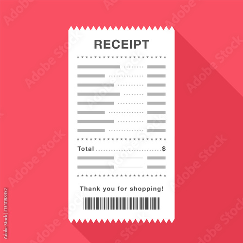 Isolated Printed Receipt with Long Shadow on Red Background