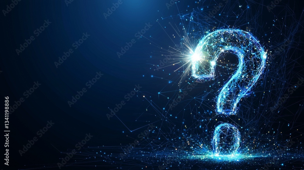 Obraz premium The screen displays a blue question mark amidst an abstract technology background illustrating a digital wireless network concept with dark connection lines