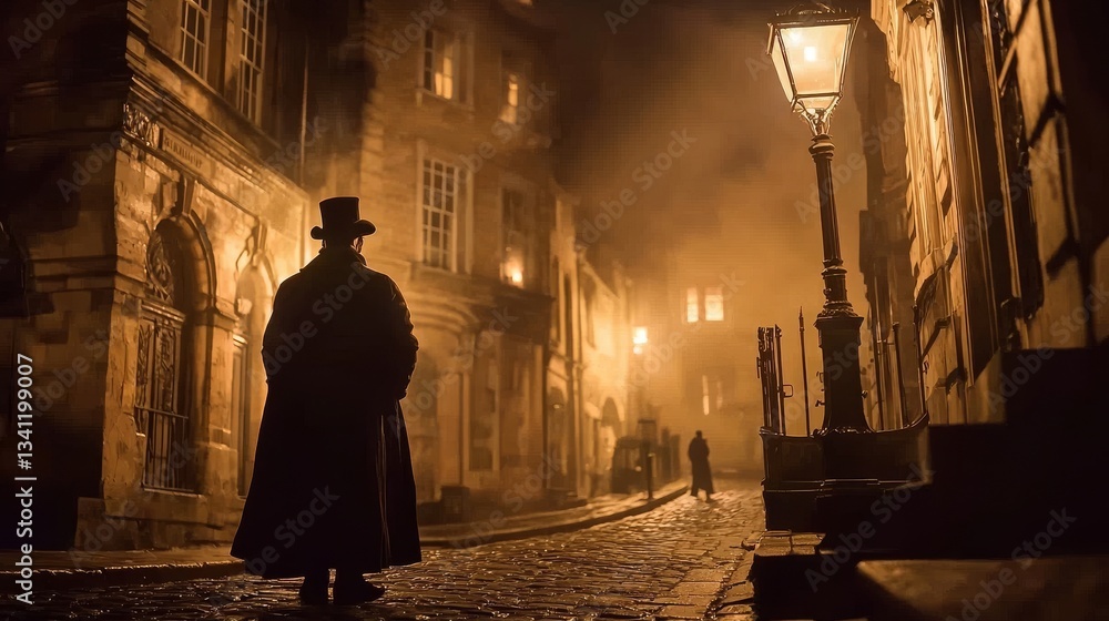 In a dimly lit room illuminated by gas lamps, a Victorian-era detective solves mysteries with the aid of a magnifying glass In a dimly lit room illuminated by gas lamps, a Victorian-era detective solves mysteries with the aid of a magnifying glass