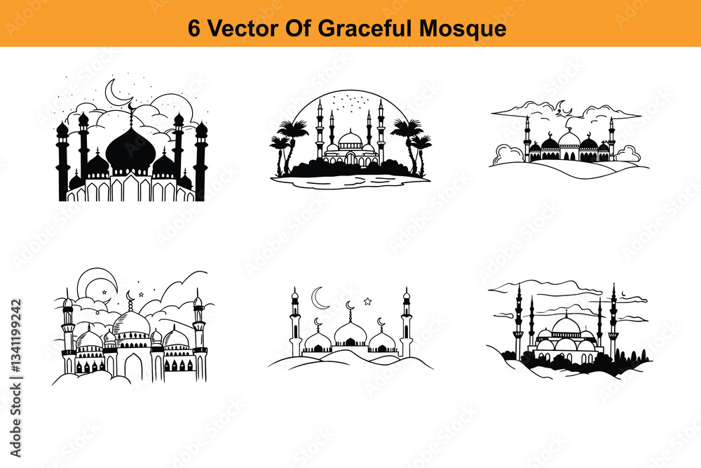 Fototapeta premium Minimalist mosque silhouette, black and orange Islamic art decor. Islamic mosque buildings in silhouette for background design, Banner design,