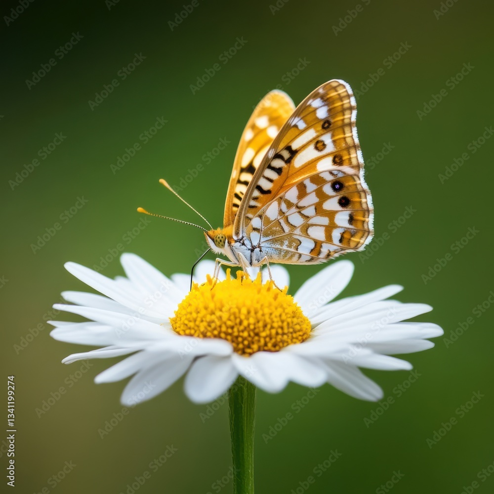 Obraz premium Beautiful Butterfly Perched on White Daisy Flower in Nature Scene
