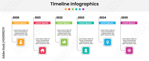 Infographic timeline template with 6 options. Colorful diagram, timeline and schedule isolated on light background. Easy to use for your website or presentation.
