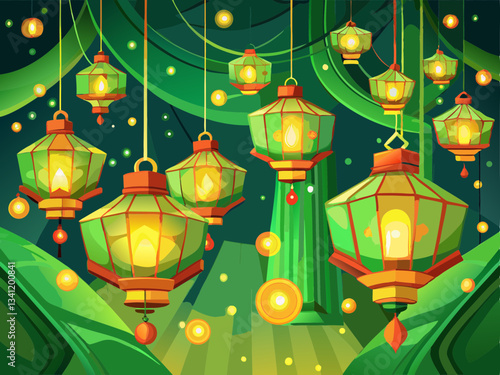 vector of  Warm light emanating from suspended lanterns. Green screen chromakey.