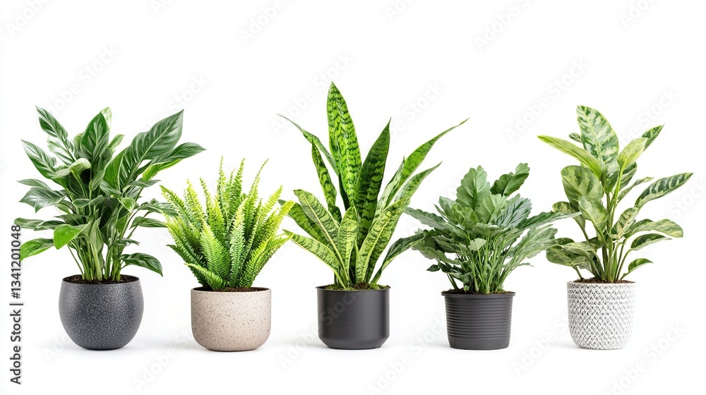 Five potted houseplants isolated on white. Five potted houseplants isolated on white.