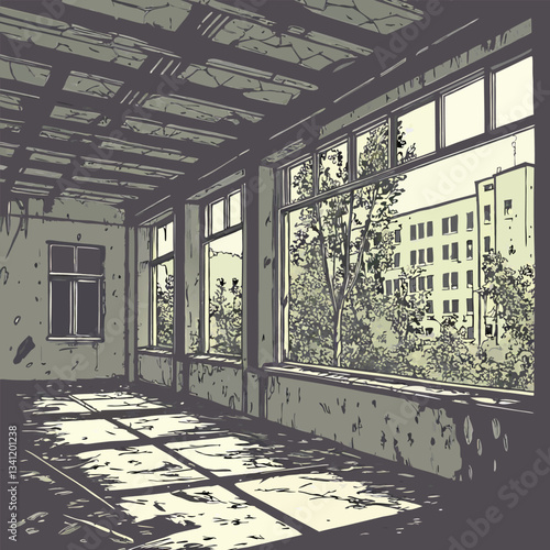 Abandoned Room: Fire Damage, Burned Ceiling, Peeling Paint old ruin aged worn dark home   