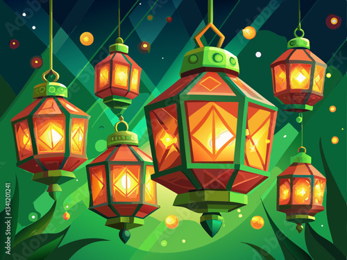 vector of  Warm light emanating from suspended lanterns. Green screen chromakey.
