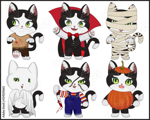 Halloween Cat Costume Characters 6 Kitty Cartoon Set