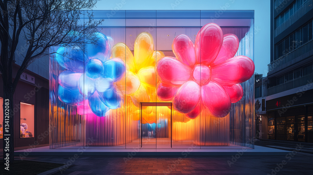 Colorful flower display brightens urban storefront at dusk