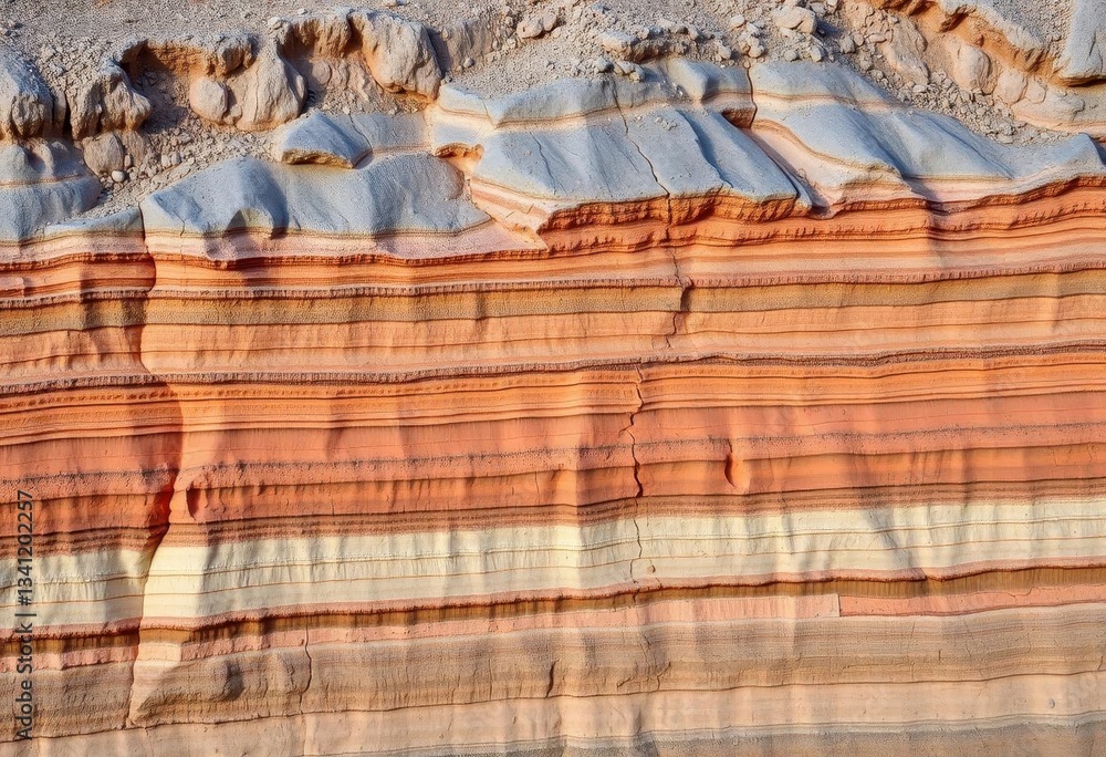 Obraz premium Exposed strata of clay, showing various earth layers in a quarry, surface, orange