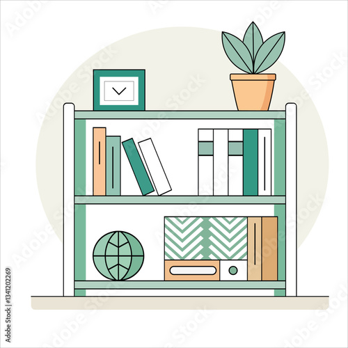 Minimal home office bookshelf illustration with books plant and decor in flat pastel style
