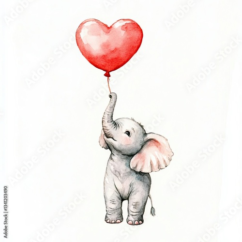 Handmade watercolor artwork of a baby elephant with a heart balloon lifting it into the sky, charming and elegant, isolated on white background